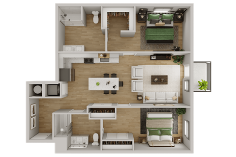 Floor plan for 2 beds, 2 baths, 1100 sqft